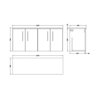 Nuie Arno 1200mm Wall Hung 4-door Vanity & Laminate Worktop Contemporary Anthracite Woodgrain MFC Textured Woodgrain 561x1205x390mm - ARN523LBG2 - JJ Building Materials