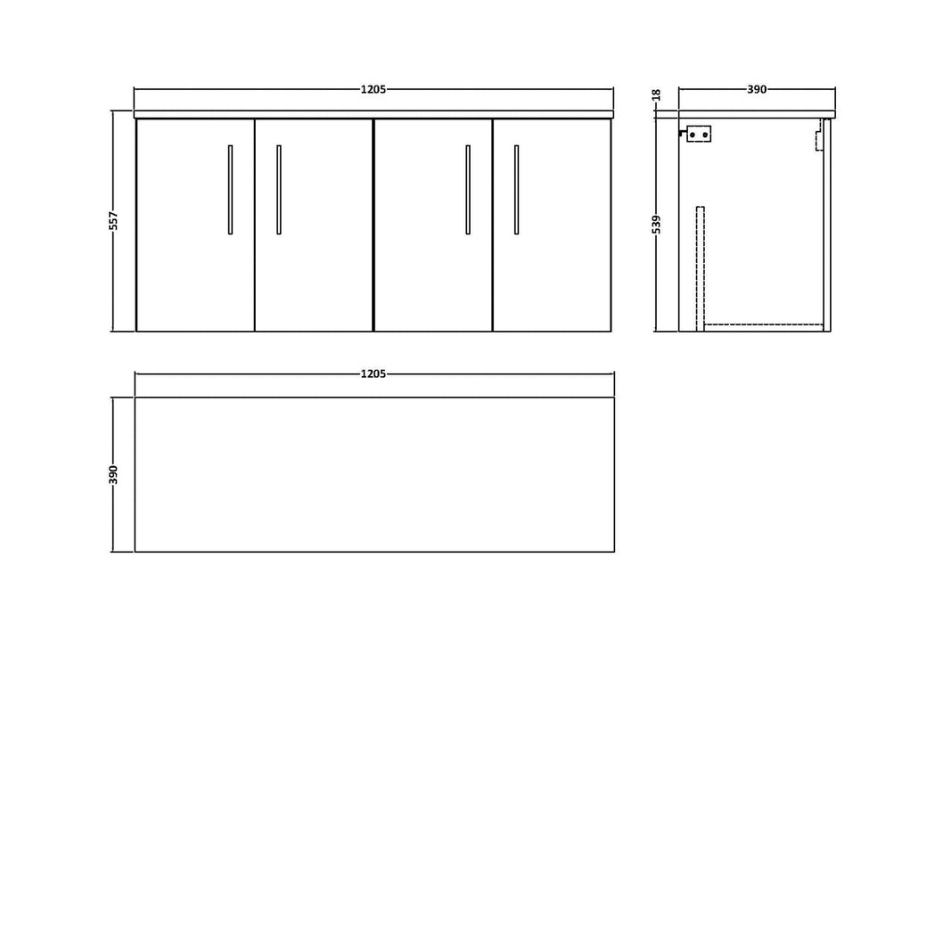 Nuie Arno 1200mm Wall Hung 4 Door Vanity & Worktop Contemporary Soft Black MFC Painted Matt 557x1205x390mm - JJ Building Materials