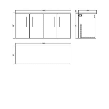 Nuie Arno 1200mm Wall Hung 4 Door Vanity & Worktop Contemporary Soft Black MFC Painted Matt 557x1205x390mm - JJ Building Materials