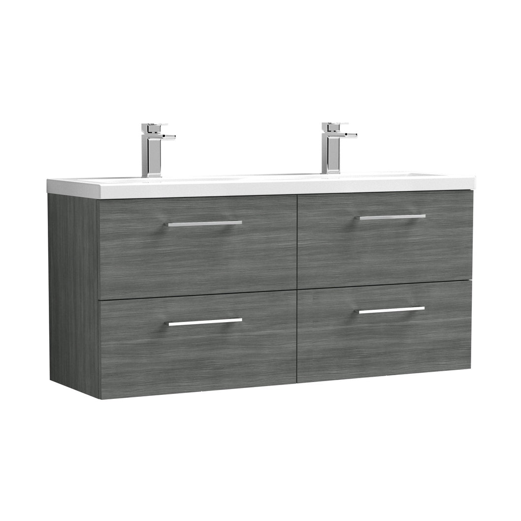 Nuie Arno 1200mm Wall Hung 4 Drawer Vanity & Double Basin Contemporary Anthracite Woodgrain MFC Textured Woodgrain 579x1205x383mm - JJ Building Materials
