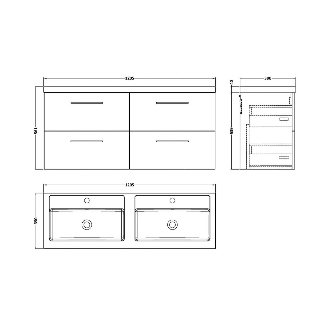 Nuie Arno 1200mm Wall Hung 4-drawer Vanity & Double Basin Contemporary Bleached Oak MFC Textured Woodgrain 580x1205x383mm - ARN3024C - JJ Building Materials