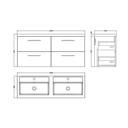 Nuie Arno 1200mm Wall Hung 4-drawer Vanity & Double Basin Contemporary Bleached Oak MFC Textured Woodgrain 580x1205x383mm - ARN3024C - JJ Building Materials