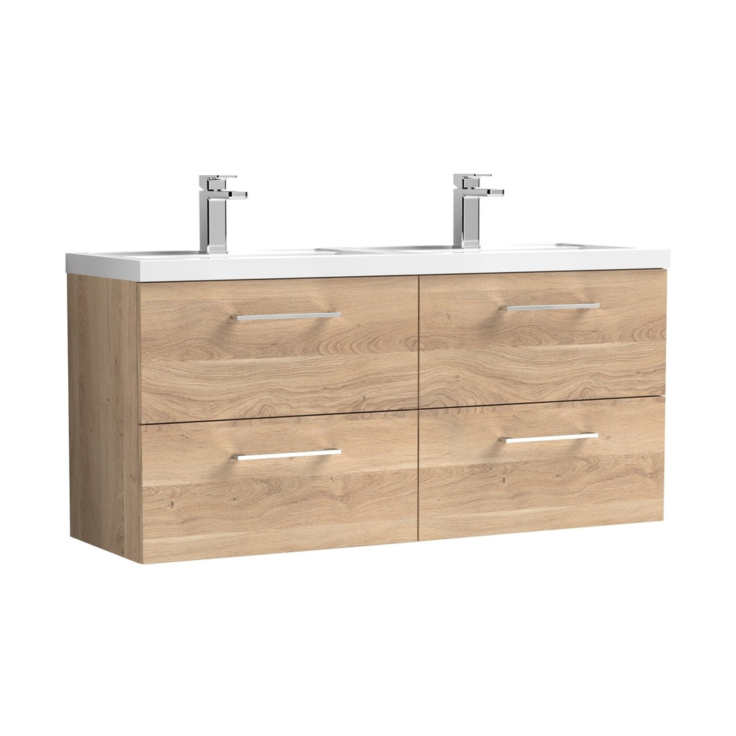 Nuie Arno 1200mm Wall Hung 4-drawer Vanity & Double Basin Contemporary Bleached Oak MFC Textured Woodgrain 580x1205x383mm - ARN3024C - JJ Building Materials