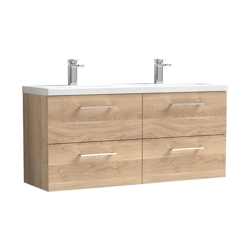 Nuie Arno 1200mm Wall Hung 4-drawer Vanity & Double Basin Contemporary Bleached Oak MFC Textured Woodgrain 580x1205x383mm - ARN3024F - JJ Building Materials