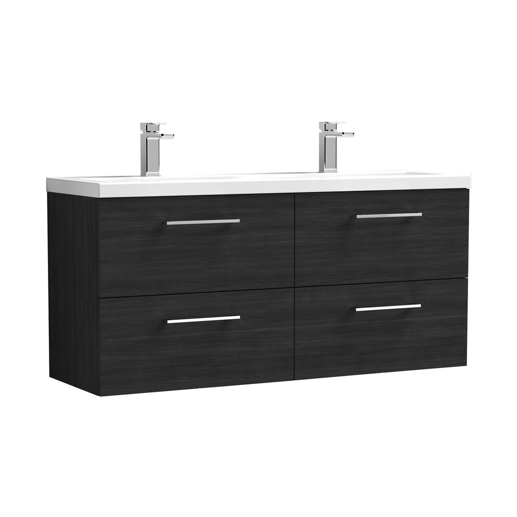 Nuie Arno 1200mm Wall Hung 4 Drawer Vanity & Double Basin Contemporary Charcoal Black MFC Textured Woodgrain 580x1205x383mm - JJ Building Materials