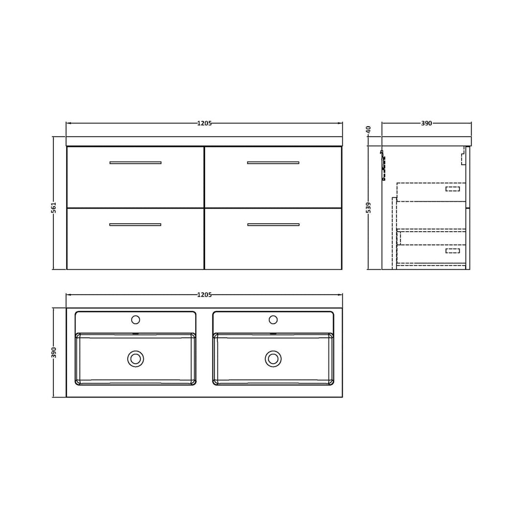 Nuie Arno 1200mm Wall Hung 4 Drawer Vanity & Double Basin Contemporary Gloss White MFC Painted Gloss 561x1205x383mm - ARN124C - JJ Building Materials