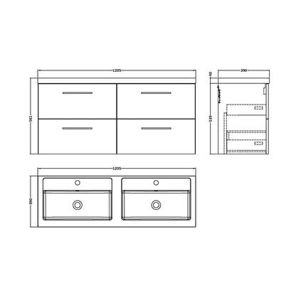 Nuie Arno 1200mm Wall Hung 4 Drawer Vanity & Double Basin Contemporary Gloss White MFC Painted Gloss 561x1205x383mm - ARN124C - JJ Building Materials
