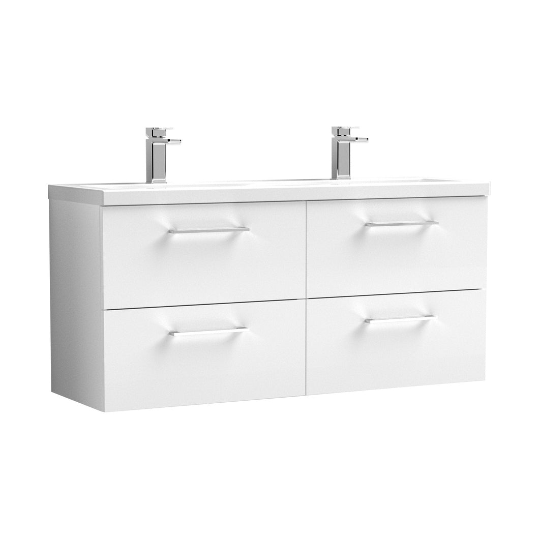 Nuie Arno 1200mm Wall Hung 4 Drawer Vanity & Double Basin Contemporary Gloss White MFC Painted Gloss 561x1205x383mm - ARN124F - JJ Building Materials