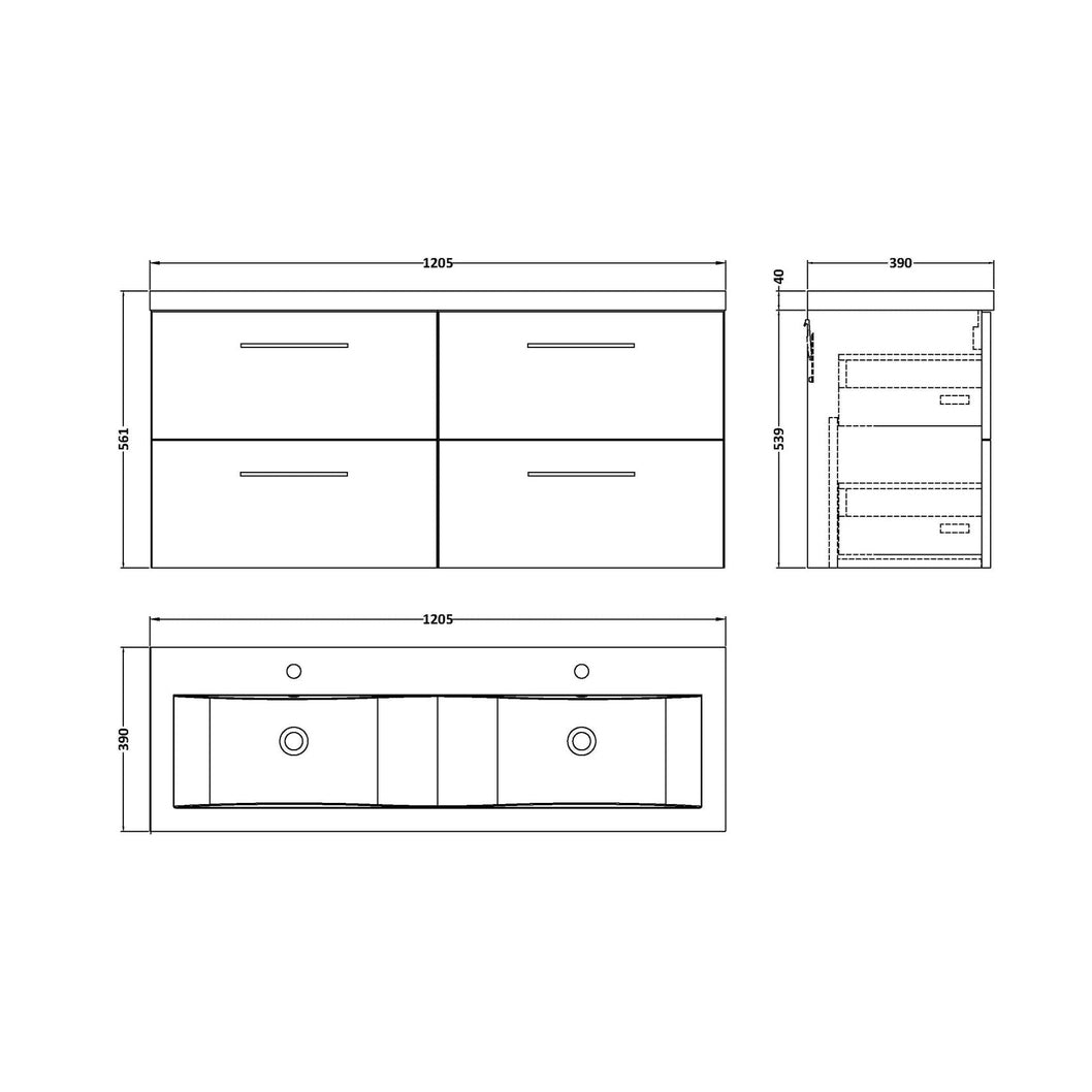 Nuie Arno 1200mm Wall Hung 4-drawer Vanity & Double Basin Contemporary Midnight Blue MFC Painted Matt 580x1205x383mm - ARN2924F - JJ Building Materials