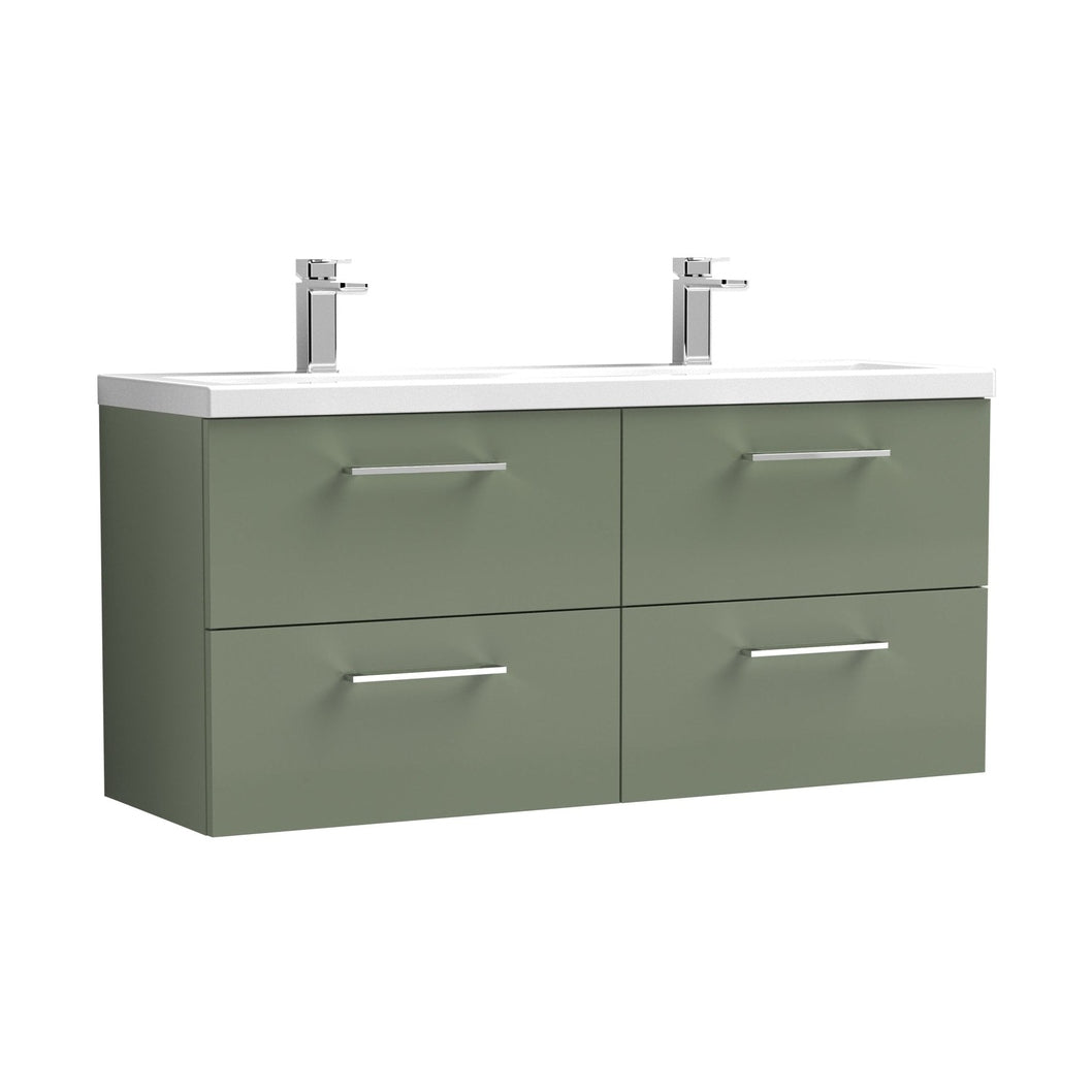 Nuie Arno 1200mm Wall Hung 4 Drawer Vanity & Double Basin Contemporary Satin Green MFC Painted Matt 561x1205x383mm - ARN824F - JJ Building Materials