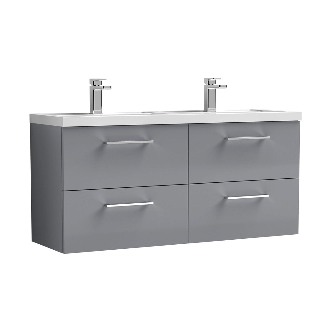 Nuie Arno 1200mm Wall Hung 4 Drawer Vanity & Double Basin Contemporary Satin Grey MFC Painted Matt 579x1205x383mm - ARN2224C - JJ Building Materials