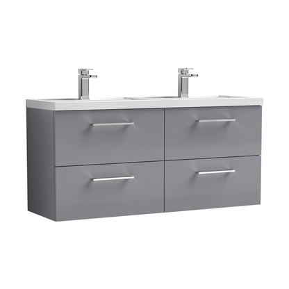 Nuie Arno 1200mm Wall Hung 4 Drawer Vanity & Double Basin Contemporary Satin Grey MFC Painted Matt 579x1205x383mm - ARN2224C - JJ Building Materials