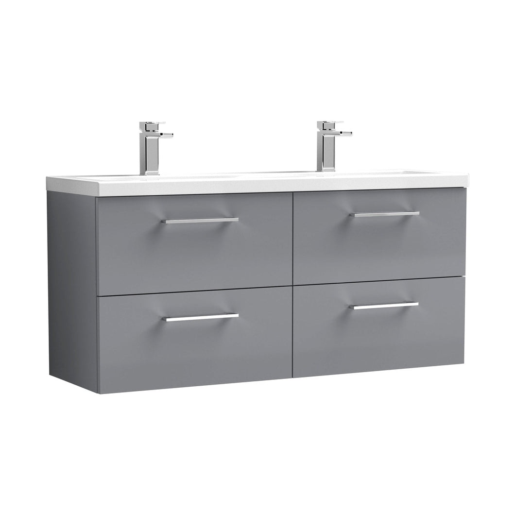 Nuie Arno 1200mm Wall Hung 4 Drawer Vanity & Double Basin Contemporary Satin Grey MFC Painted Matt 579x1205x383mm - ARN2224F - JJ Building Materials
