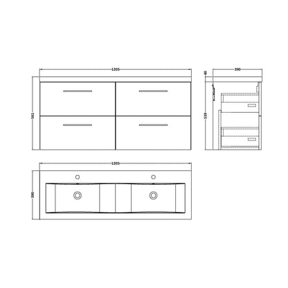 Nuie Arno 1200mm Wall Hung 4 Drawer Vanity & Double Basin Contemporary Satin Grey MFC Painted Matt 579x1205x383mm - ARN2224F - JJ Building Materials