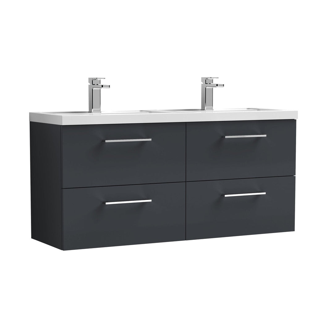Nuie Arno 1200mm Wall Hung 4 Drawer Vanity & Double Basin Contemporary Soft Black MFC Painted Matt 579x1205x383mm - ARN1424C - JJ Building Materials
