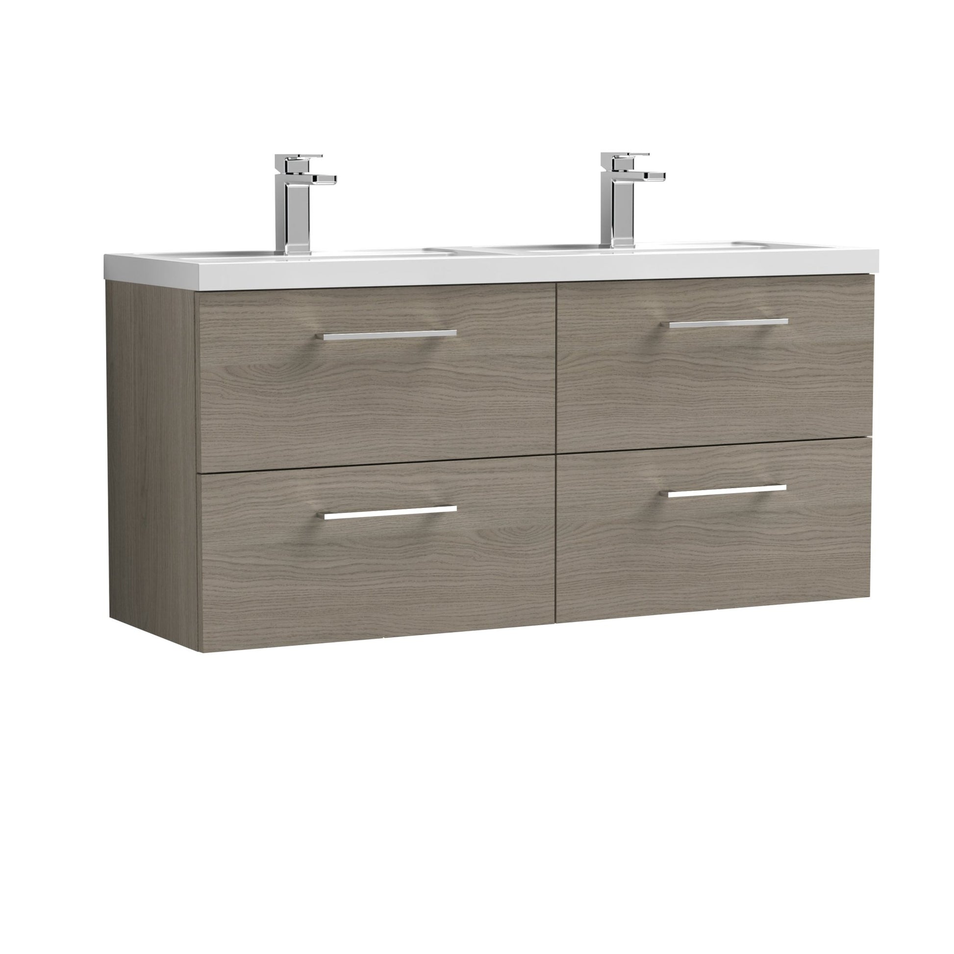 Nuie Arno 1200mm Wall Hung 4 Drawer Vanity & Double Basin Contemporary Solace Oak MFC Textured Woodgrain 561x1205x383mm - JJ Building Materials