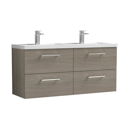 Nuie Arno 1200mm Wall Hung 4 Drawer Vanity & Double Basin Contemporary Solace Oak MFC Textured Woodgrain 561x1205x383mm - JJ Building Materials