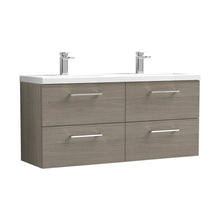 Nuie Arno 1200mm Wall Hung 4 Drawer Vanity & Double Basin Contemporary Solace Oak MFC Textured Woodgrain 579x1205x383mm - JJ Building Materials