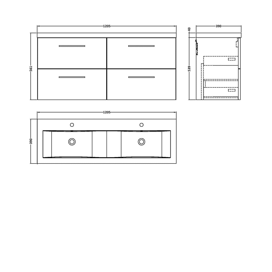 Nuie Arno 1200mm Wall Hung 4 Drawer Vanity & Double Basin Contemporary Solace Oak MFC Textured Woodgrain 579x1205x383mm - JJ Building Materials
