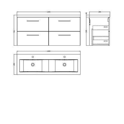 Nuie Arno 1200mm Wall Hung 4 Drawer Vanity & Double Basin Contemporary Solace Oak MFC Textured Woodgrain 579x1205x383mm - JJ Building Materials
