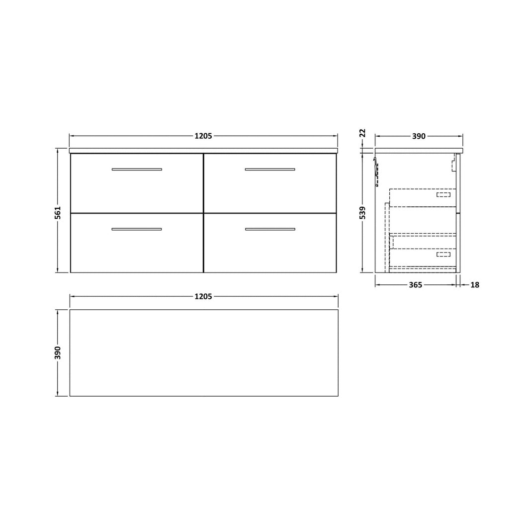 Nuie Arno 1200mm Wall Hung 4-drawer Vanity & Laminate Worktop Contemporary Anthracite Woodgrain MFC Textured Woodgrain 561x1205x390mm - ARN524LBG2 - JJ Building Materials