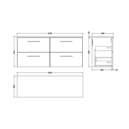 Nuie Arno 1200mm Wall Hung 4-drawer Vanity & Laminate Worktop Contemporary Anthracite Woodgrain MFC Textured Woodgrain 561x1205x390mm - ARN524LBG2 - JJ Building Materials