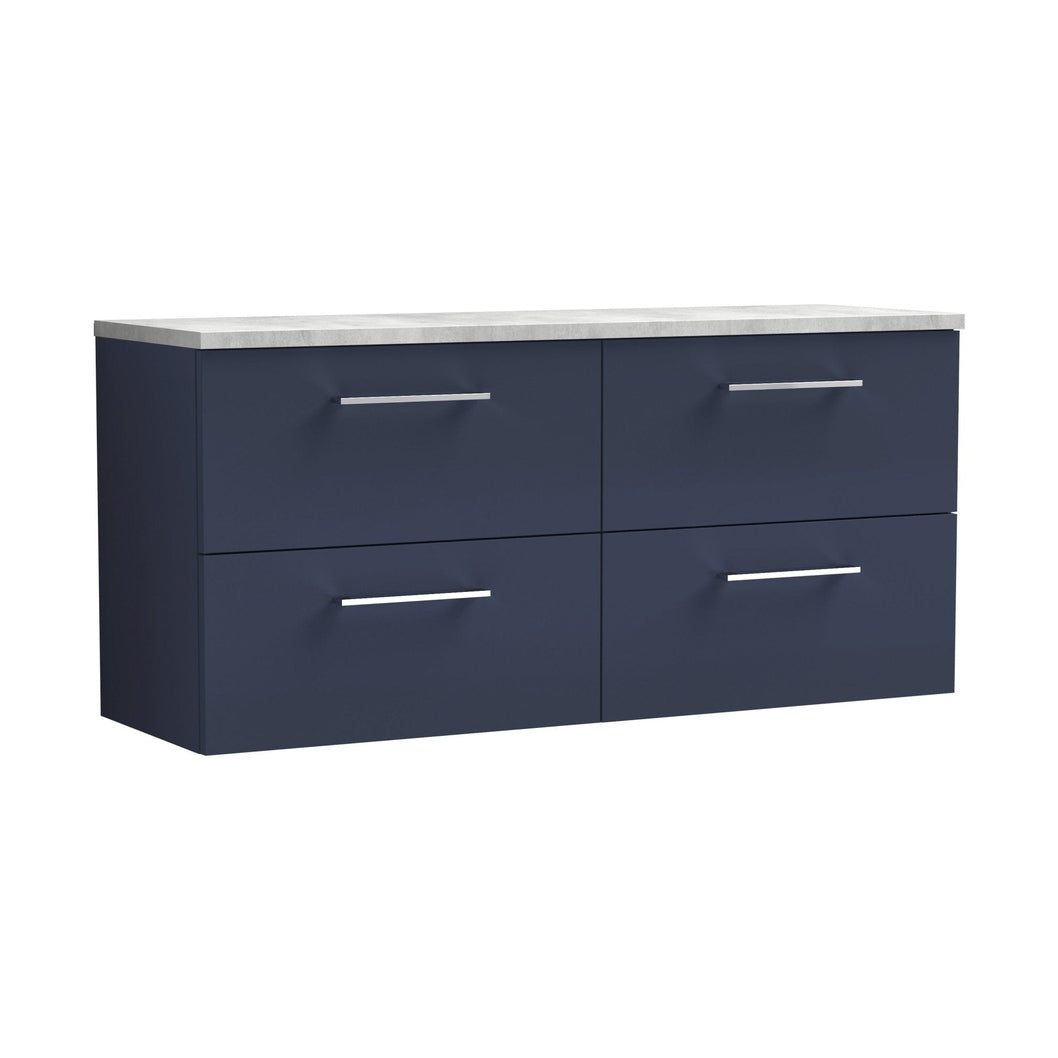 Nuie Arno 1200mm Wall Hung 4-drawer Vanity & Laminate Worktop Contemporary Midnight Blue MFC Painted Matt 562x1205x390mm - ARN2924LBG2 - JJ Building Materials