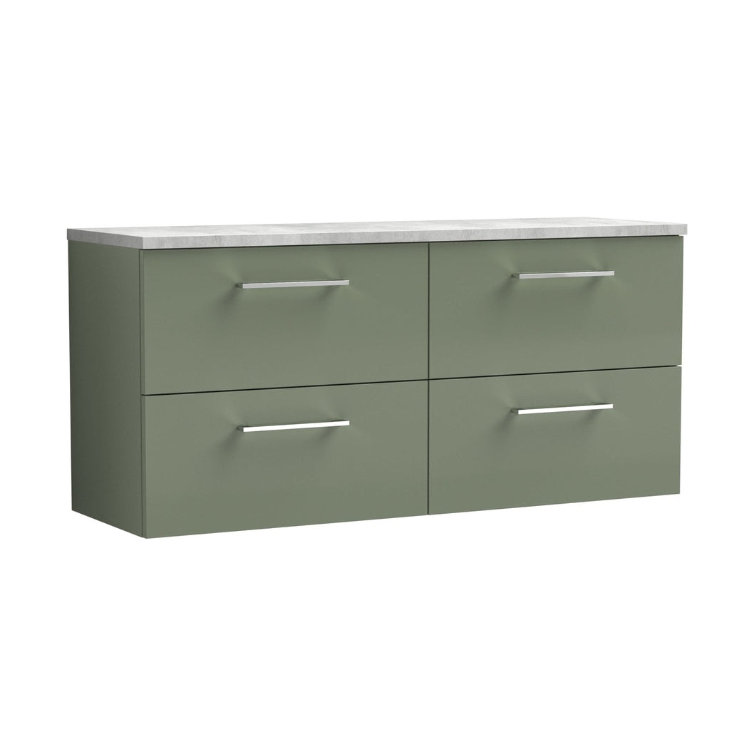 Nuie Arno 1200mm Wall Hung 4-drawer Vanity & Laminate Worktop Contemporary Satin Green MFC Painted Matt 562x1205x390mm - ARN824LBG2 - JJ Building Materials