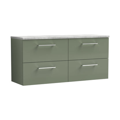 Nuie Arno 1200mm Wall Hung 4-drawer Vanity & Laminate Worktop Contemporary Satin Green MFC Painted Matt 562x1205x390mm - ARN824LBG2 - JJ Building Materials