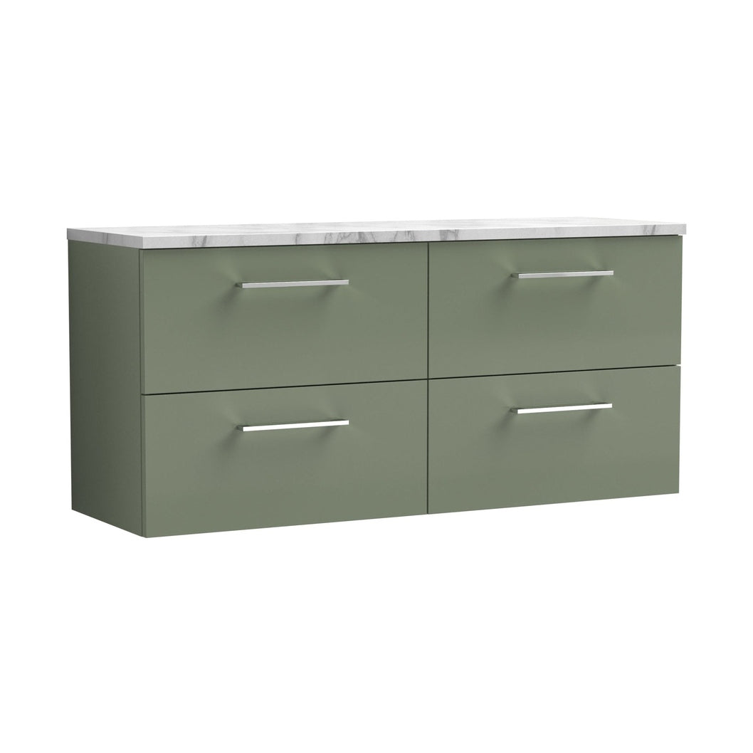 Nuie Arno 1200mm Wall Hung 4-drawer Vanity & Laminate Worktop Contemporary Satin Green MFC Painted Matt 562x1205x390mm - ARN824LCM2 - JJ Building Materials