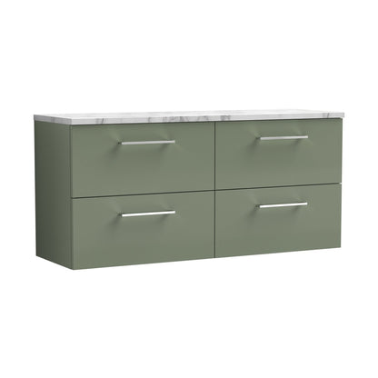 Nuie Arno 1200mm Wall Hung 4-drawer Vanity & Laminate Worktop Contemporary Satin Green MFC Painted Matt 562x1205x390mm - ARN824LCM2 - JJ Building Materials