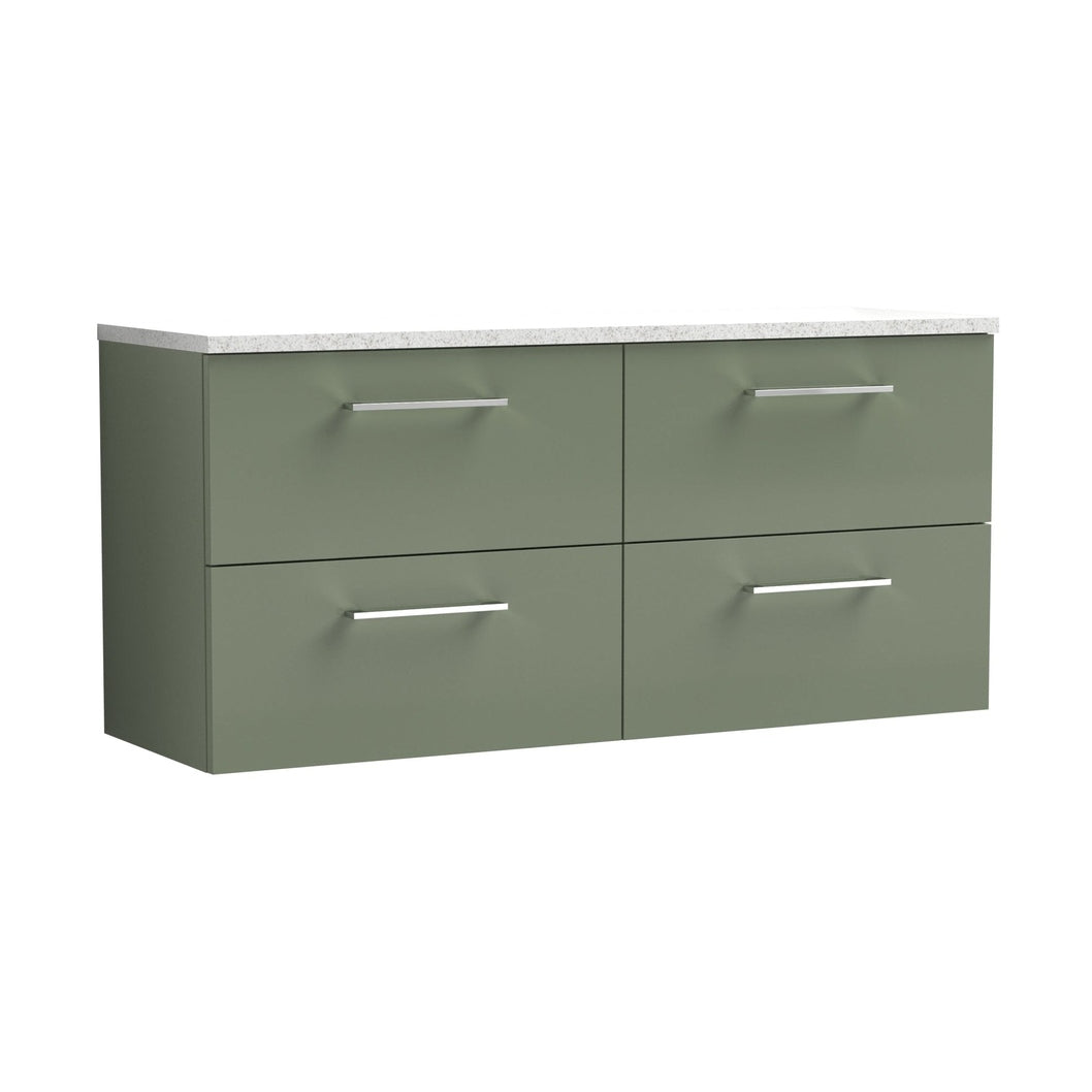 Nuie Arno 1200mm Wall Hung 4-drawer Vanity & Laminate Worktop Contemporary Satin Green MFC Painted Matt 562x1205x390mm - ARN824LSW2 - JJ Building Materials