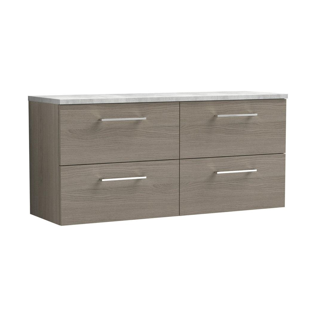 Nuie Arno 1200mm Wall Hung 4-drawer Vanity & Laminate Worktop Contemporary Solace Oak MFC Textured Woodgrain 561x1205x390mm - ARN2524LBG2 - JJ Building Materials