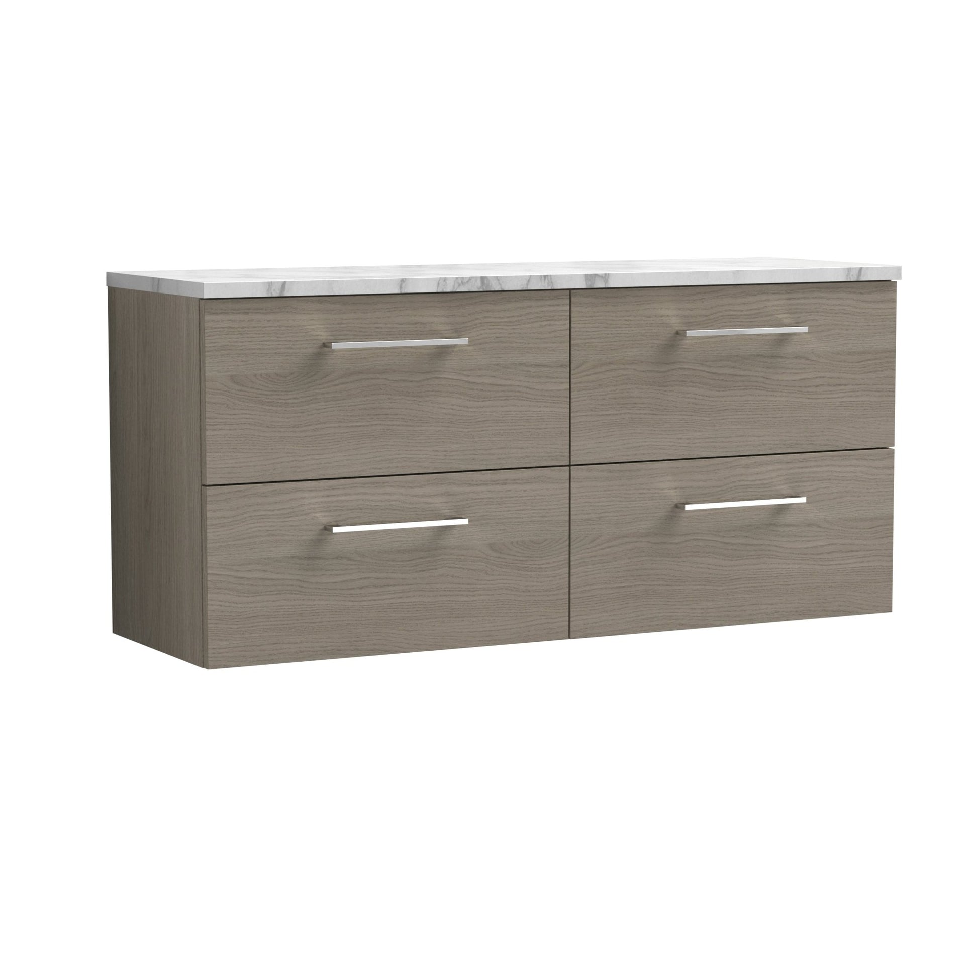 Nuie Arno 1200mm Wall Hung 4-drawer Vanity & Laminate Worktop Contemporary Solace Oak MFC Textured Woodgrain 561x1205x390mm - ARN2524LCM2 - JJ Building Materials