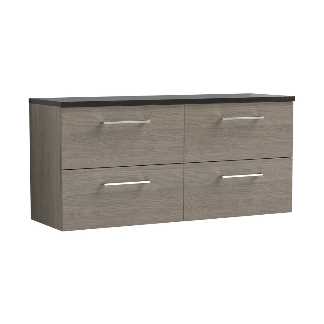 Nuie Arno 1200mm Wall Hung 4-drawer Vanity & Laminate Worktop Contemporary Solace Oak MFC Textured Woodgrain 561x1205x390mm - ARN2524LSB2 - JJ Building Materials