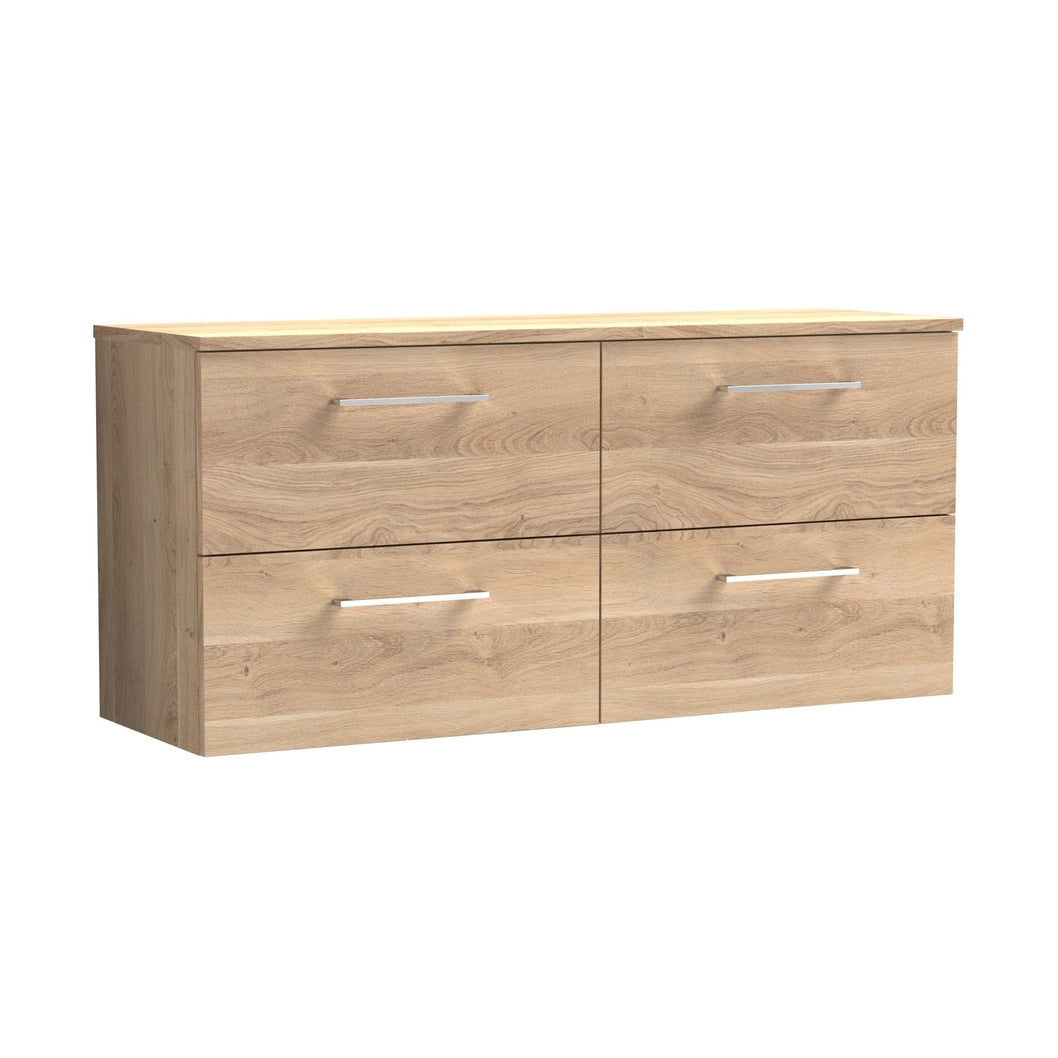 Nuie Arno 1200mm Wall Hung 4-drawer Vanity & Worktop Contemporary Bleached Oak MFC Textured Woodgrain 558x1205x390mm - JJ Building Materials
