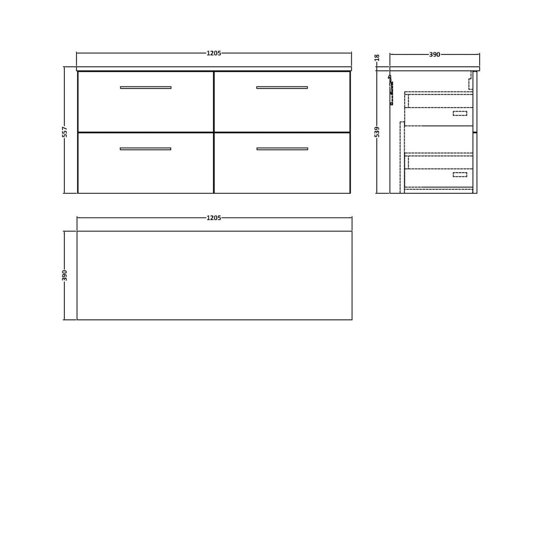Nuie Arno 1200mm Wall Hung 4-drawer Vanity & Worktop Contemporary Bleached Oak MFC Textured Woodgrain 558x1205x390mm - JJ Building Materials