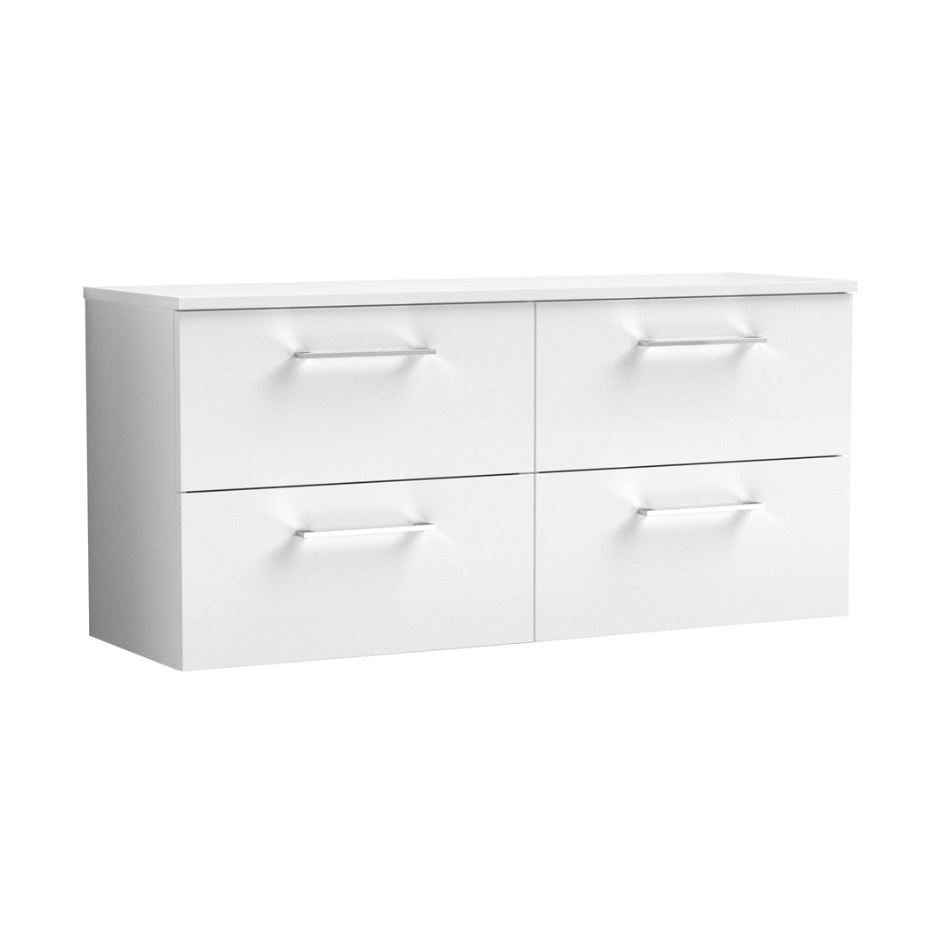 Nuie Arno 1200mm Wall Hung 4 Drawer Vanity & Worktop Contemporary Gloss White MFC Painted Gloss 557x1205x390mm - JJ Building Materials