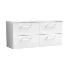 Nuie Arno 1200mm Wall Hung 4 Drawer Vanity & Worktop Contemporary Gloss White MFC Painted Gloss 557x1205x390mm - JJ Building Materials