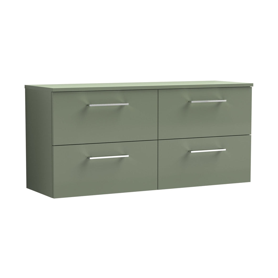Nuie Arno 1200mm Wall Hung 4 Drawer Vanity & Worktop Contemporary Satin Green MFC Painted Matt 557x1205x390mm - JJ Building Materials