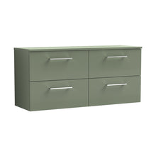 Nuie Arno 1200mm Wall Hung 4 Drawer Vanity & Worktop Contemporary Satin Green MFC Painted Matt 557x1205x390mm - JJ Building Materials