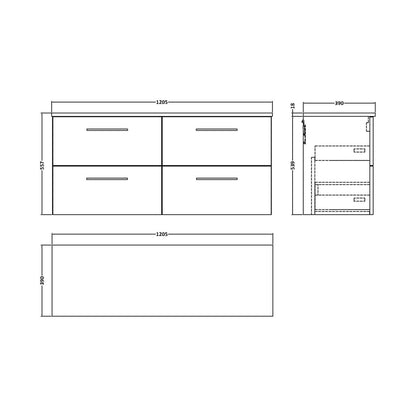 Nuie Arno 1200mm Wall Hung 4 Drawer Vanity & Worktop Contemporary Satin Green MFC Painted Matt 557x1205x390mm - JJ Building Materials