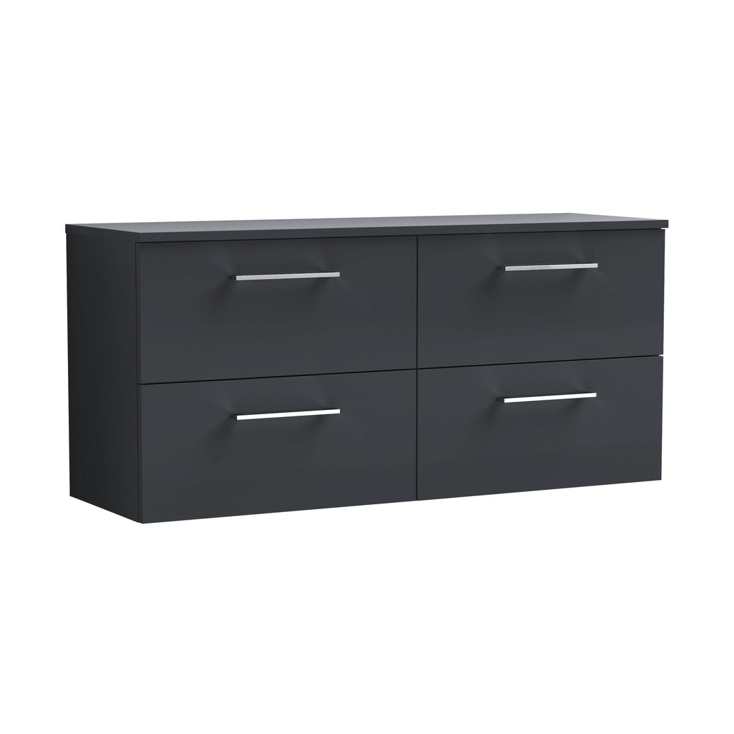 Nuie Arno 1200mm Wall Hung 4 Drawer Vanity & Worktop Contemporary Soft Black MFC Painted Matt 557x1205x390mm - JJ Building Materials