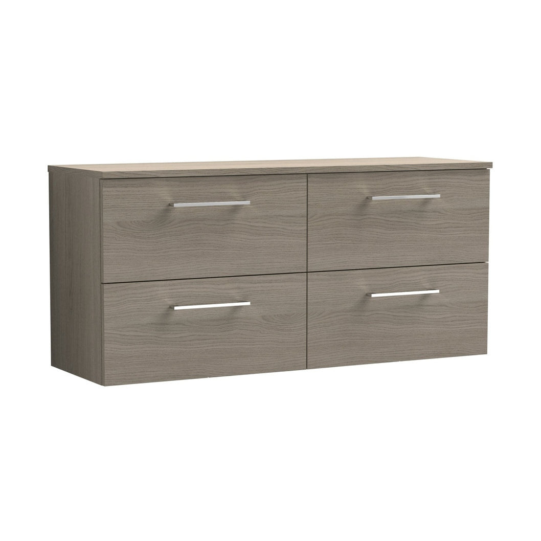 Nuie Arno 1200mm Wall Hung 4 Drawer Vanity & Worktop Contemporary Solace Oak MFC Textured Woodgrain 557x1205x390mm - JJ Building Materials