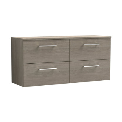 Nuie Arno 1200mm Wall Hung 4 Drawer Vanity & Worktop Contemporary Solace Oak MFC Textured Woodgrain 557x1205x390mm - JJ Building Materials