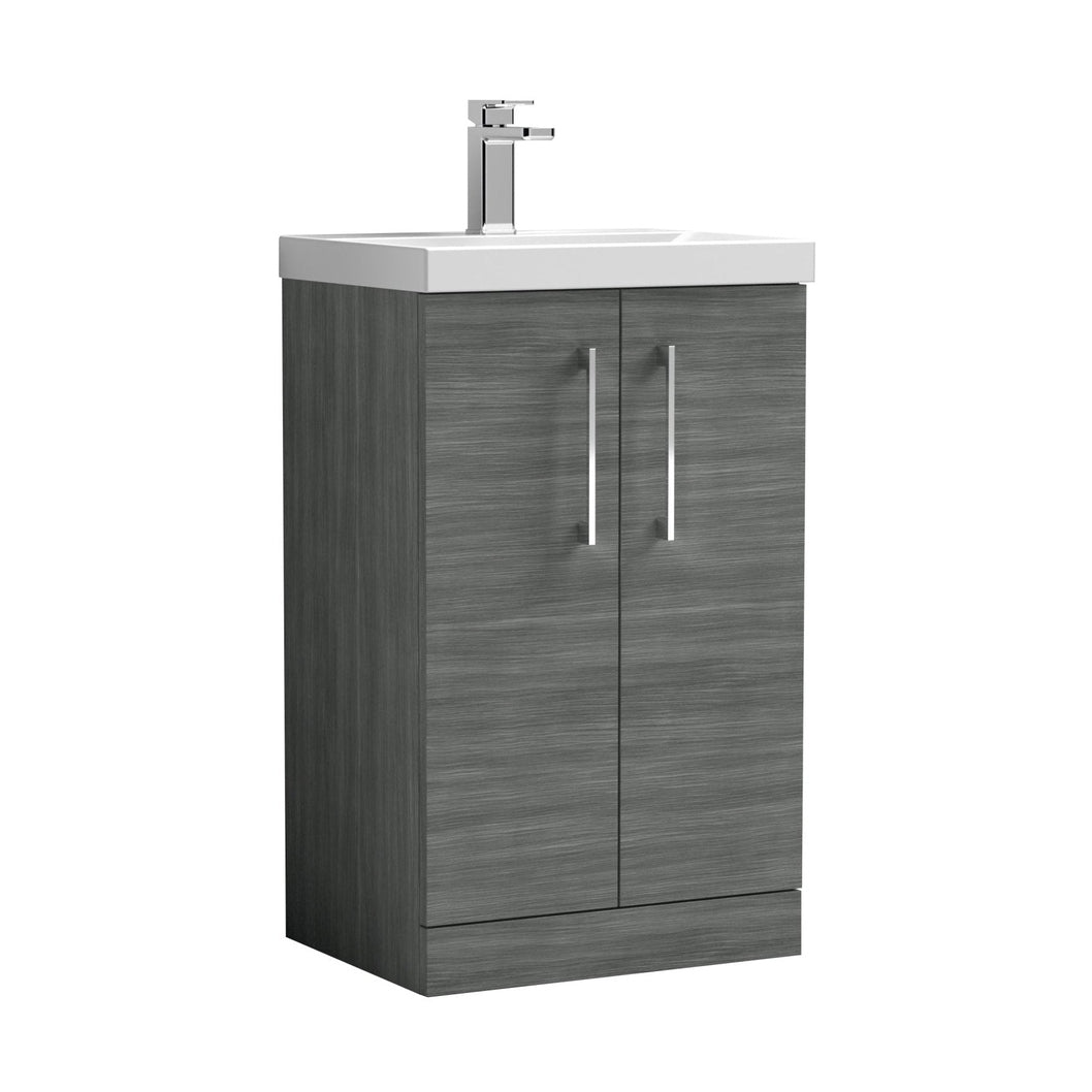 Nuie Arno 500mm Floor Standing 2 Door Vanity & Basin 3 Contemporary Anthracite Woodgrain MFC 850x510x395mm - JJ Building Materials