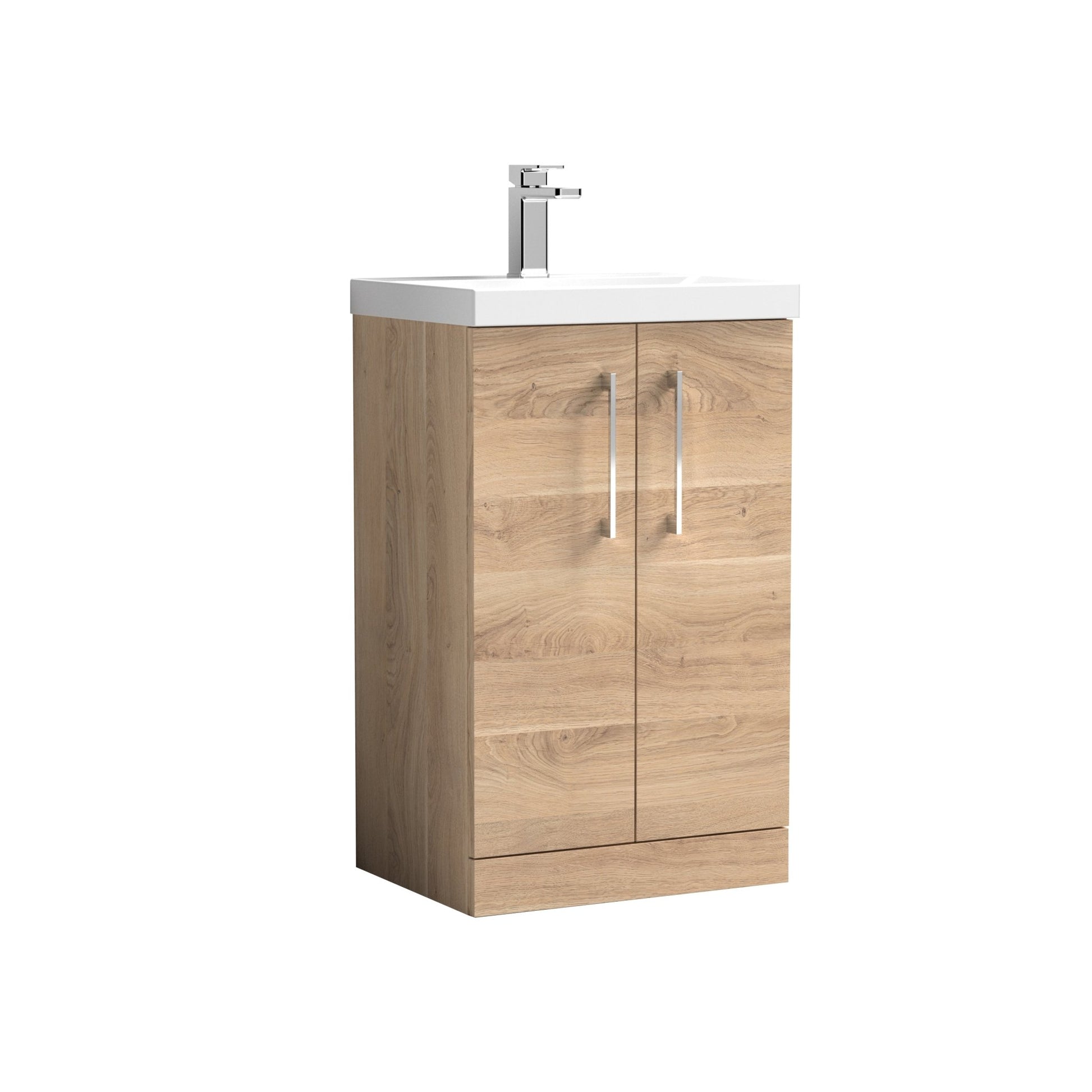 Nuie Arno 500mm Floor Standing 2-door Vanity & Basin 3 Contemporary Bleached Oak MFC 850x510x395mm - JJ Building Materials