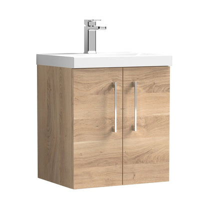 Nuie Arno 500mm Wall Hung 2-door Vanity & Basin 1 Contemporary Bleached Oak MFC Textured Woodgrain 580x510x390mm - JJ Building Materials