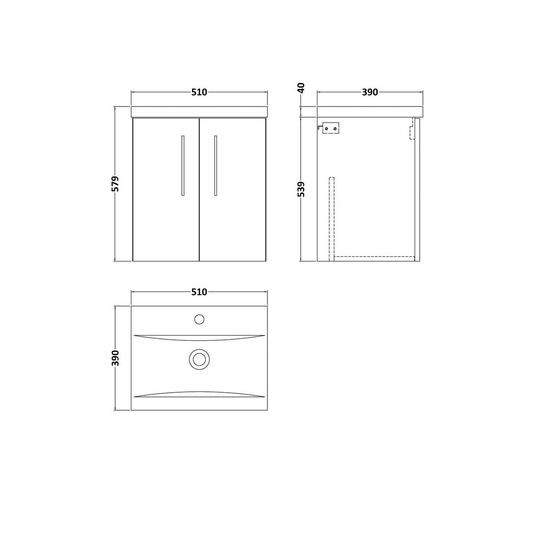 Nuie Arno 500mm Wall Hung 2 Door Vanity & Basin 1 Contemporary Gloss White MFC Painted Gloss 579x510x390mm - JJ Building Materials