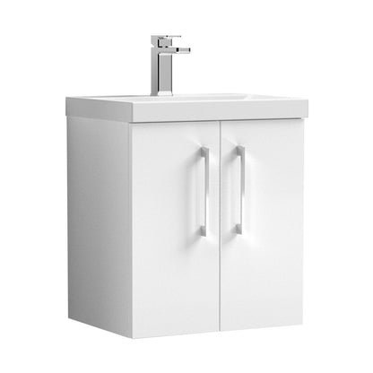 Nuie Arno 500mm Wall Hung 2 Door Vanity & Basin 1 Contemporary Gloss White MFC Painted Gloss 579x510x390mm - JJ Building Materials